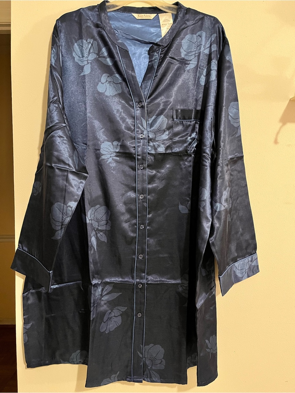 Silky Button Up Sleep Shirt Navy Floral KayAnna Brand Size 2X Cotton/Poly Blend